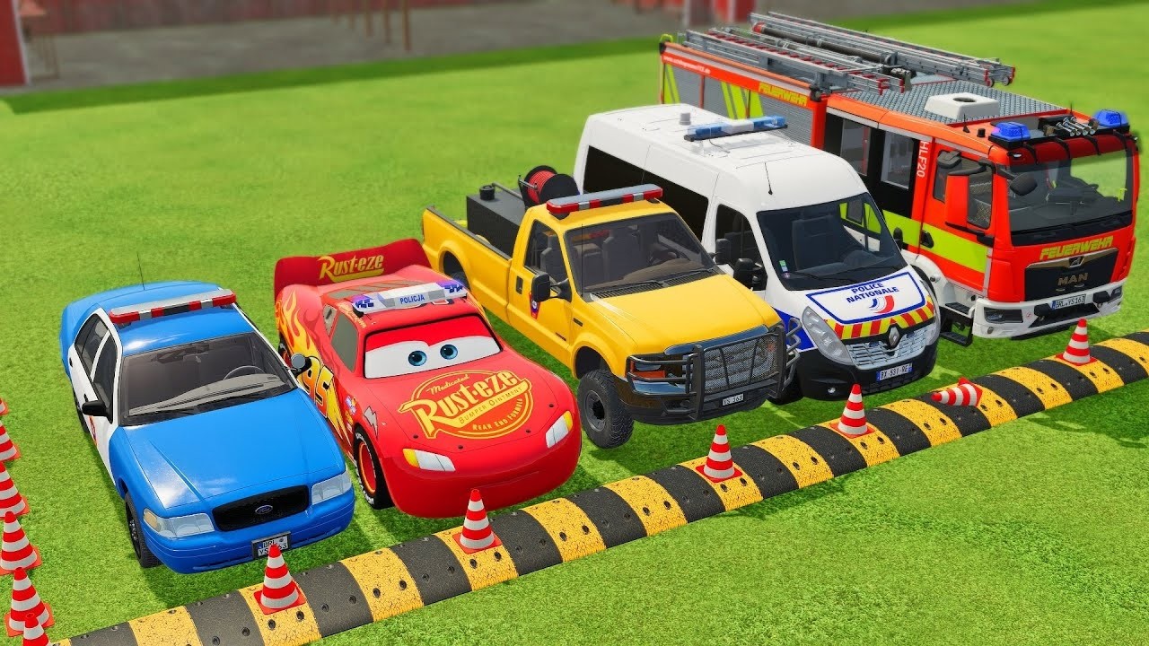 TRANSPORTING POLICE CARS, AMBULANCE, FIRE DEPARMENT VEHICLES WITH MIXER TRUCKS TO THE GARAGE ! FS22
