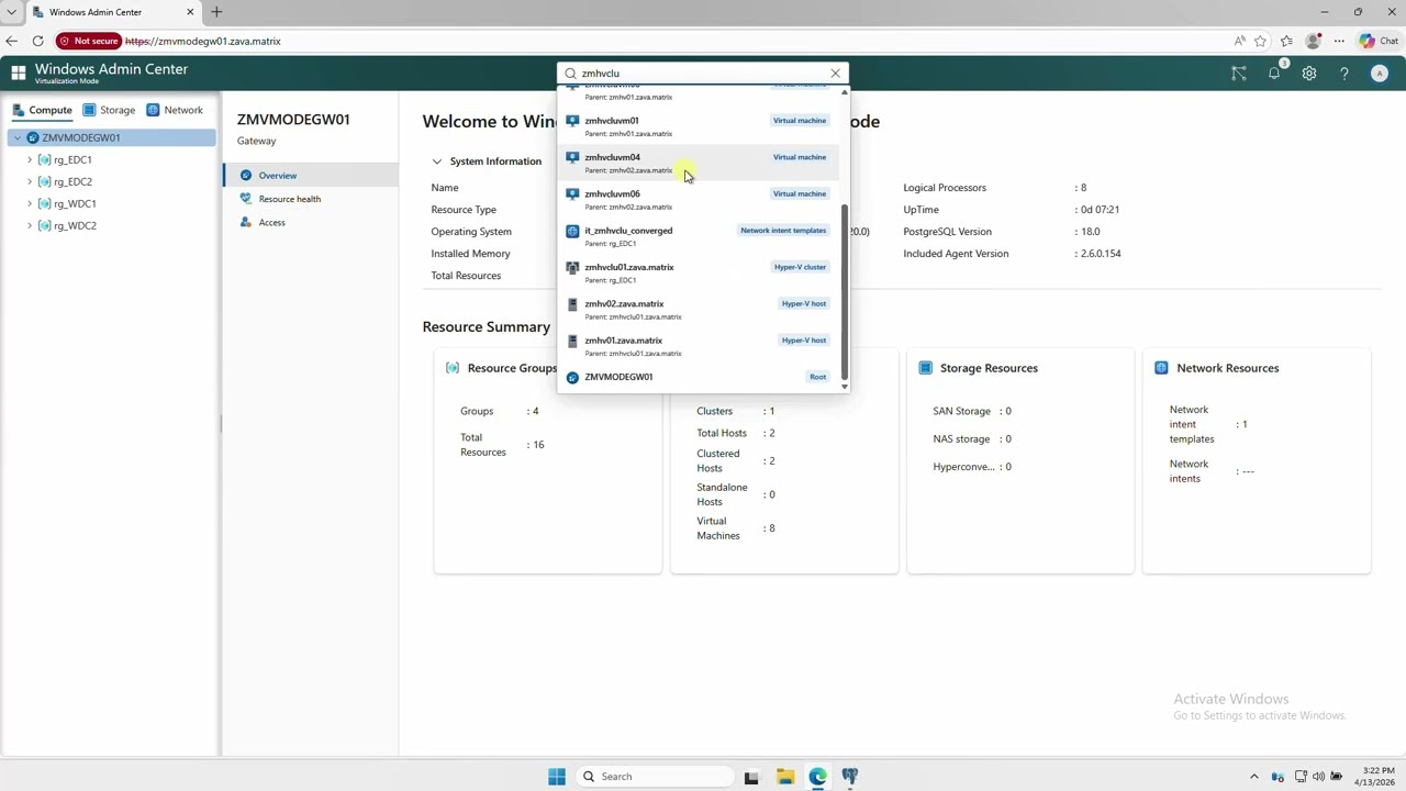 Windows Admin Center: Virtualization Mode - Profile, object, and hierarchical search.
