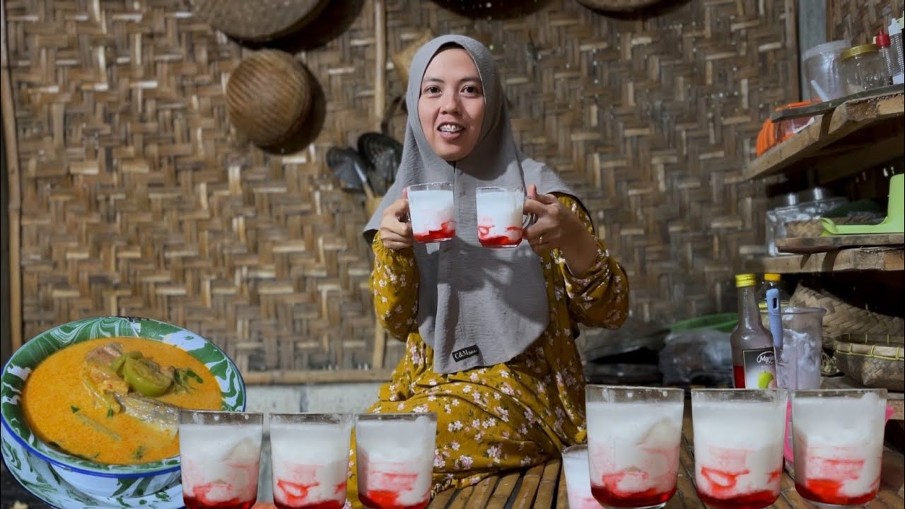 Menu buka puasa, ikan asap santan pedas,es kelapa coco pandan, masakan desa 