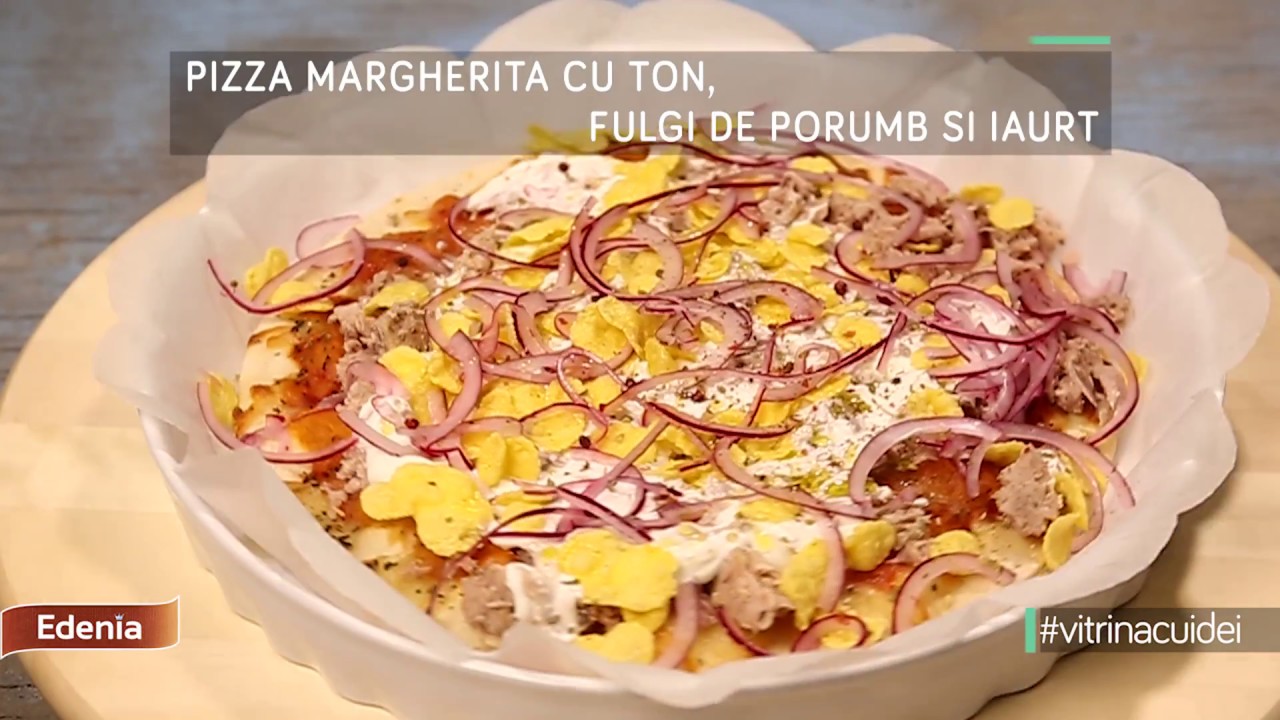 Pizza Margherita cu ton, fulgi de porumb si iaurt