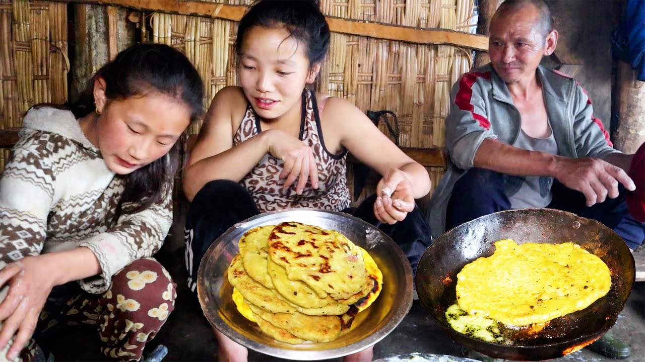 jungle man  family cooking bread for village children