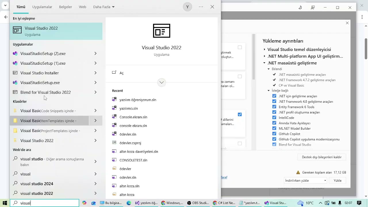 visual studio kurulumu 