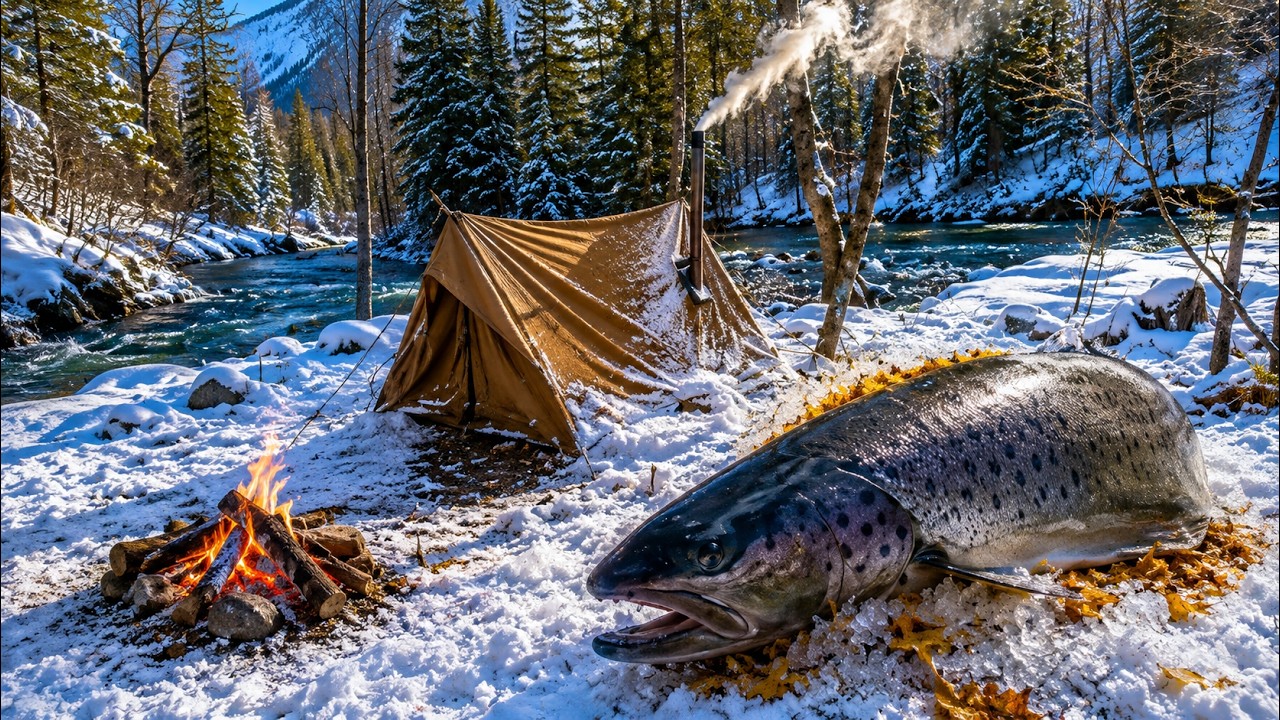 Hot Tent Camping in deep Winter & Catch and Cook
