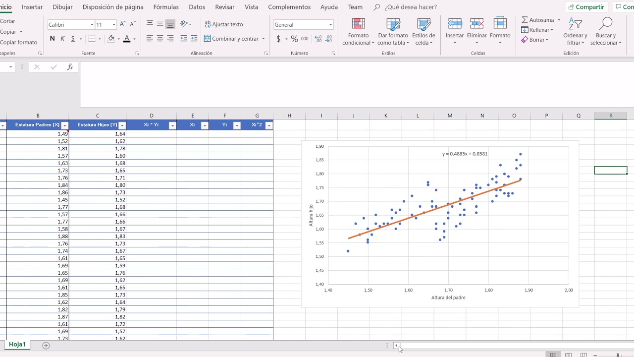 Estimadores por Minimos Cuadrados Ordinarios - Regresión lineal simple en Excel