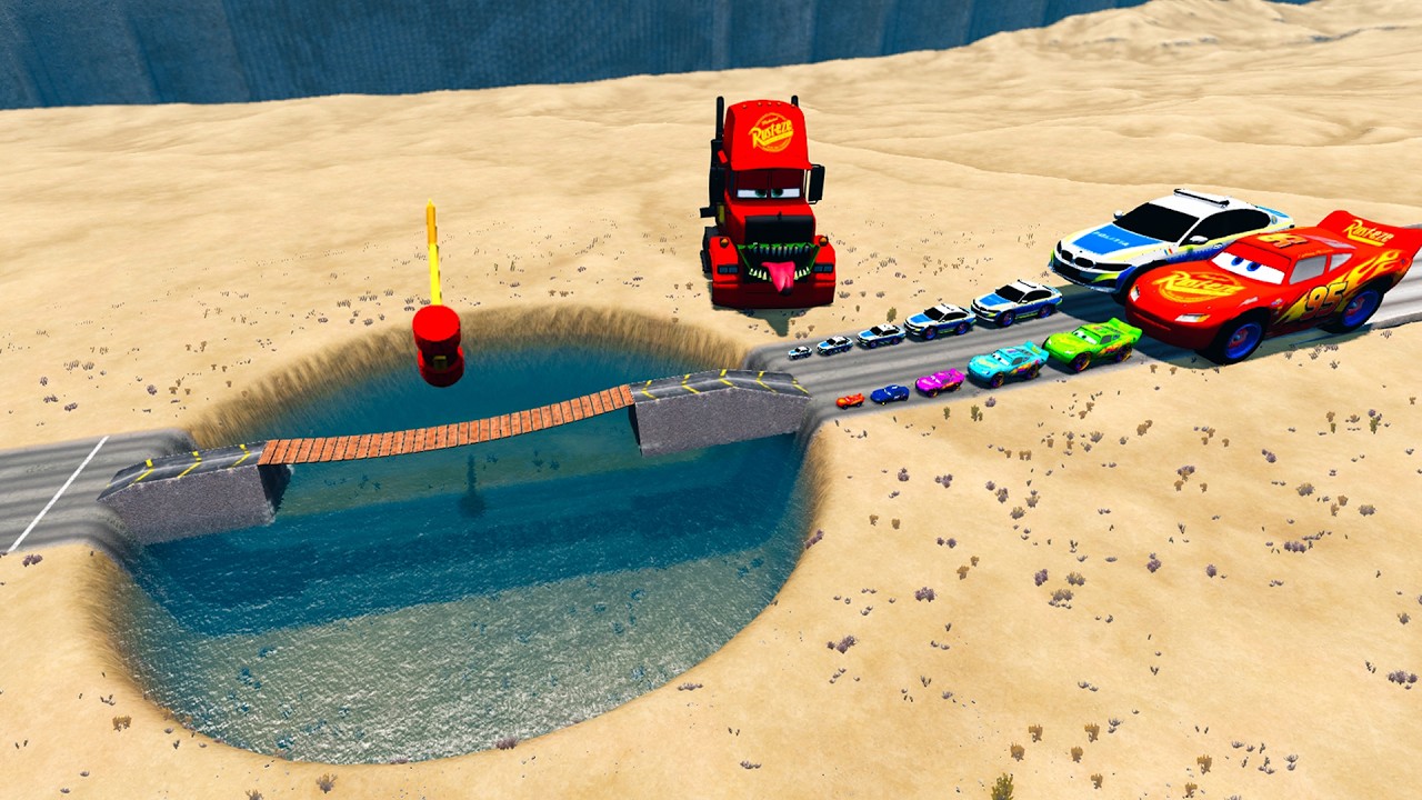 Big & Small McQueen & Police Car vs Zombie Mack,Giant Water Pit & Hammer Downhill Race -BeamNG.drive
