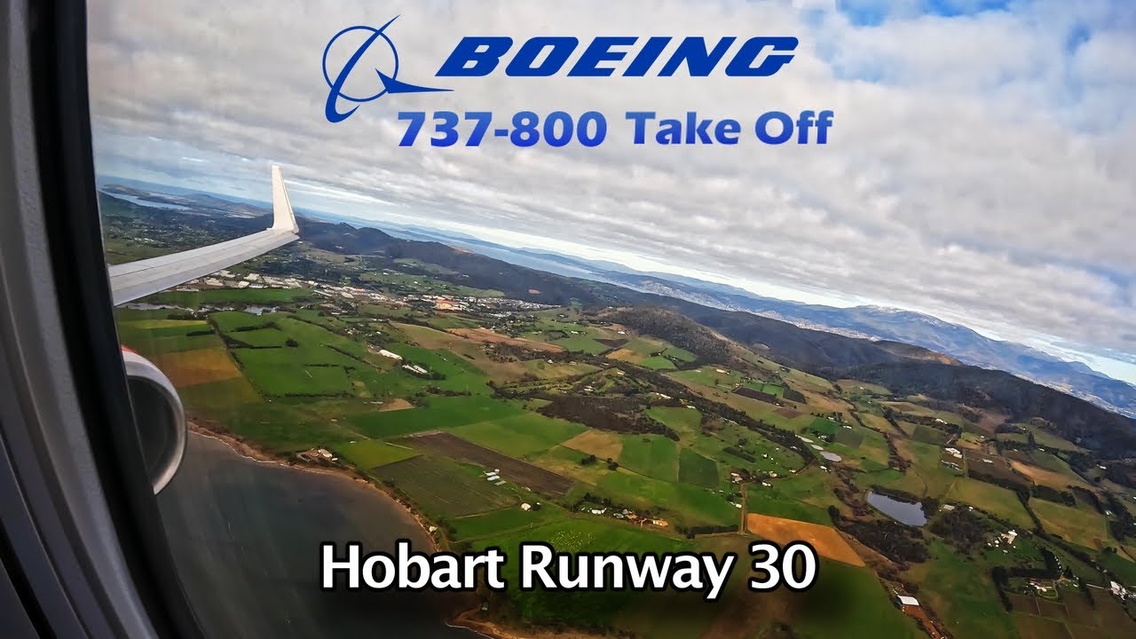 Virgin Australia Boeing 737-800 Takeoff / Hobart Airport Runway 30 / Mountain, City & River Views