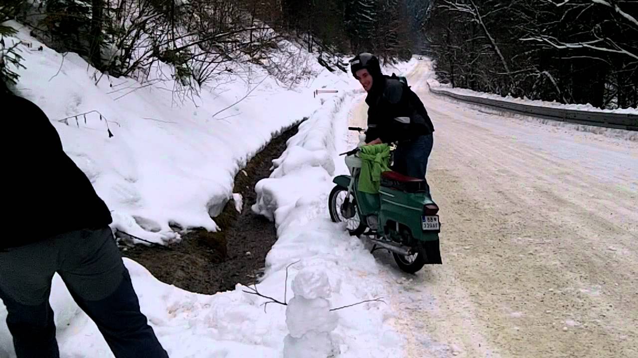 winter ride on legendary old motobike Jawa Pionier 21