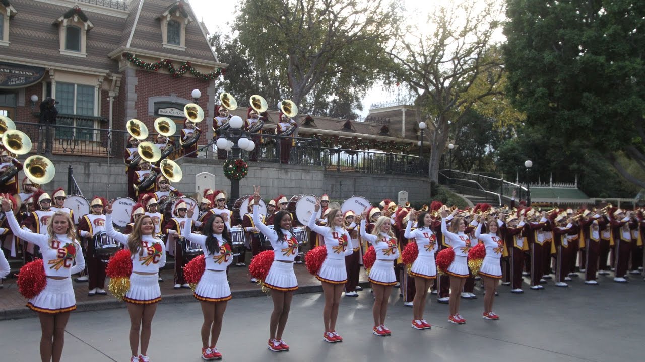 Disneyland: Spirit of Troy, the USC Trojan Marching Band Rose Bowl Pep Rally in Town Square (clips)