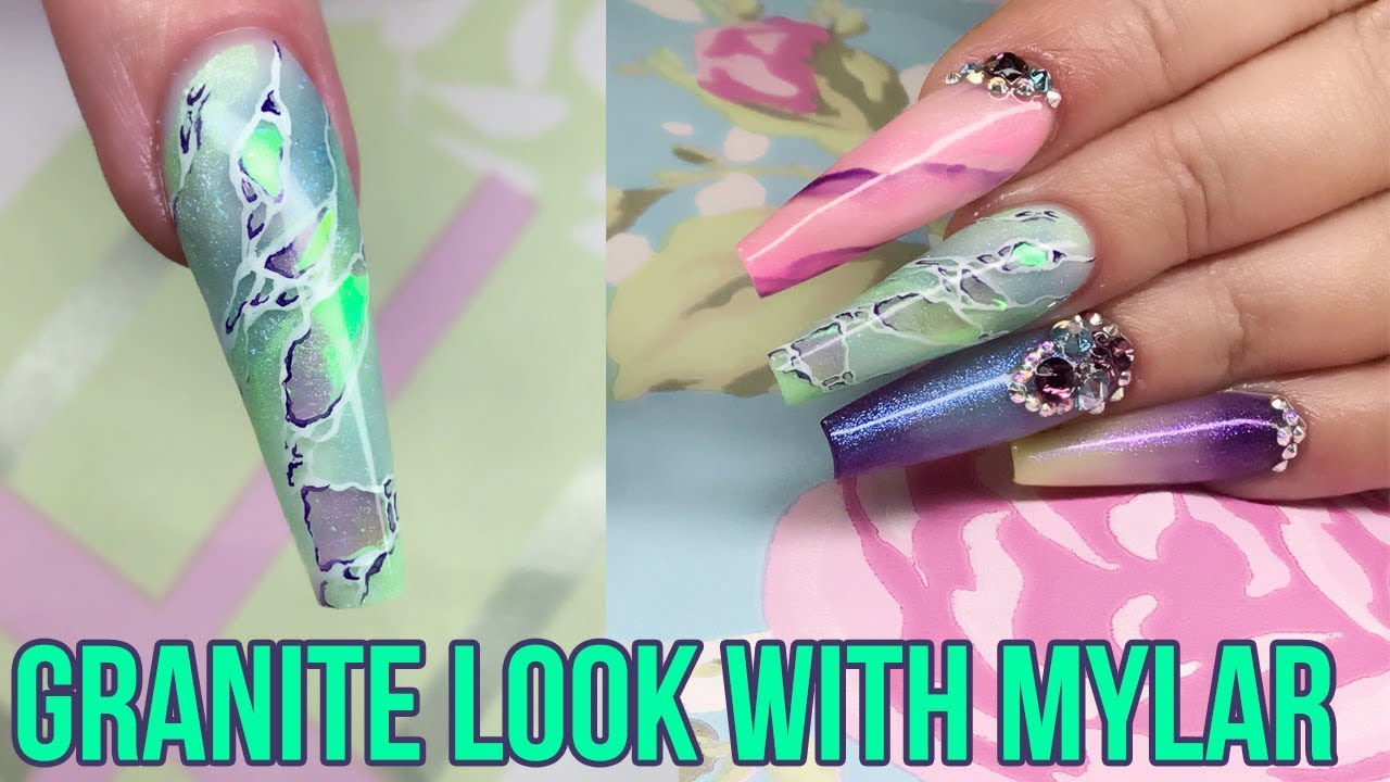 Tapered Square Nail with Granite Design Using Mylar and Acrylic Paint.