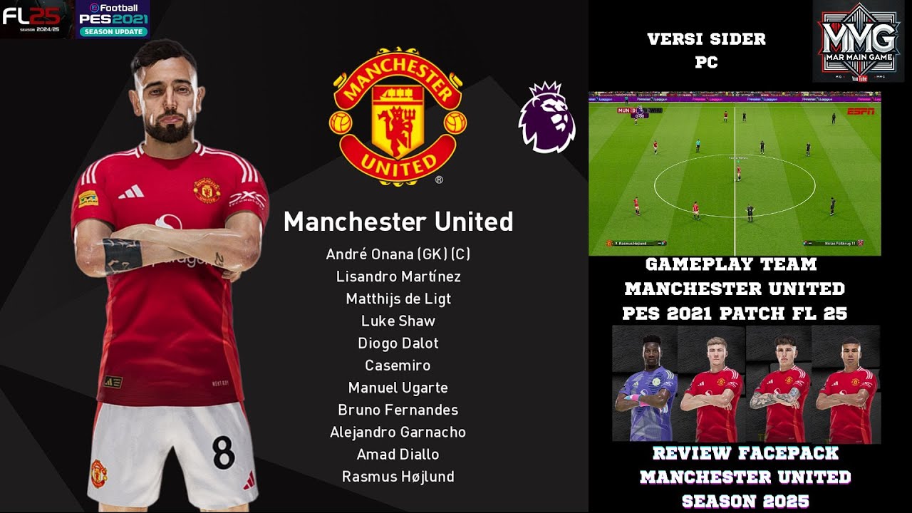 Review Facepack Manchester United 2025 + Gameplay PES 2021 Patch FL 25 | Full Squad Senior & Muda