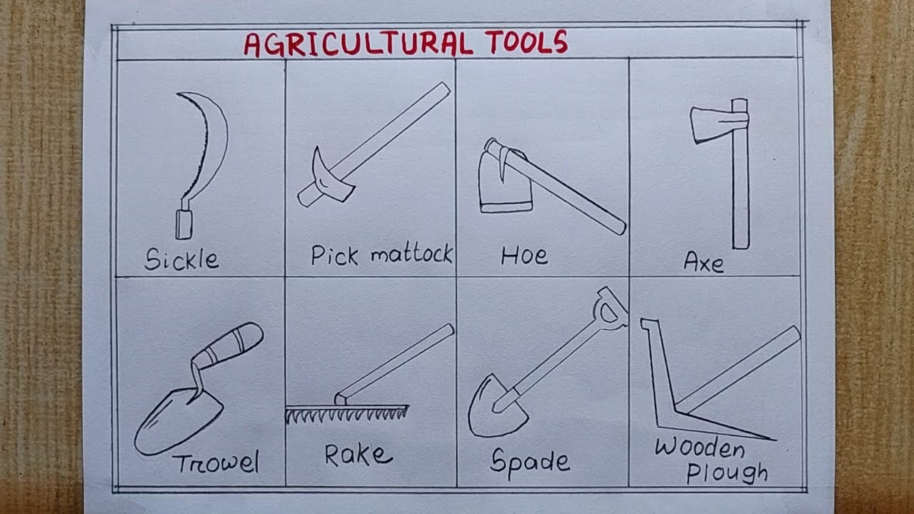 8 Different types of Agricultural Tools drawing| Farm tools drawing step by step| Easy drawing