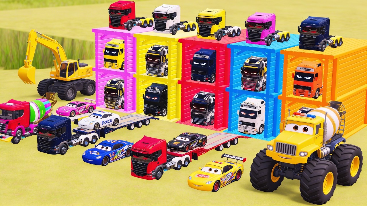 Flatbed Trailer McQueen Transportation with Truck   Speedbumps vs Cars vs Train FS22 KutaVersus #37