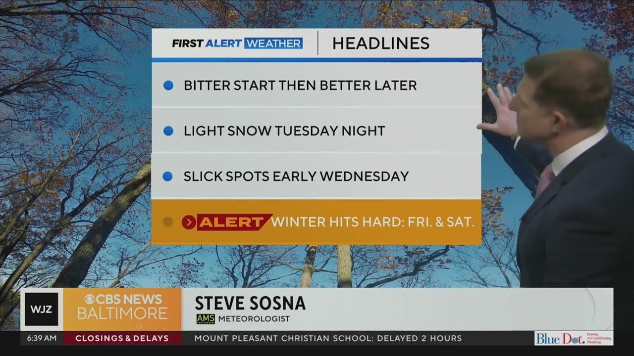 Cold start to the week in Maryland, light snow Tuesday night