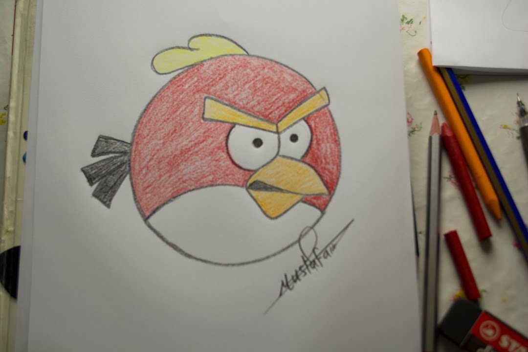 تعلم الرسم - الدرس الرابع كيفية رسم الطيور الغاظبة Angry Bird بالرصاص والالوان مع الخطوات للمبتدئين