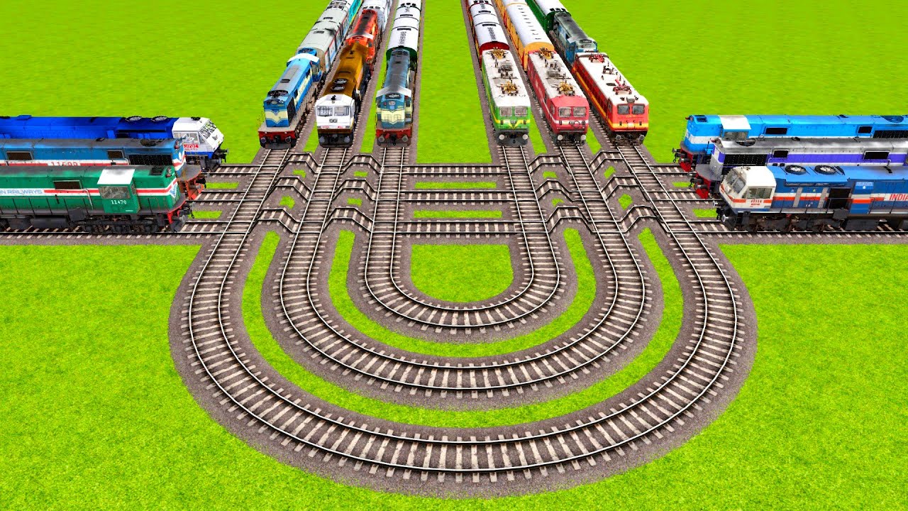 12 INDIAN TRAINS FAST CROSSING ON BIG U SHAPE AND CRAZY BREAKER RAIL ROAD TRACKS|▶️ Train simulator|