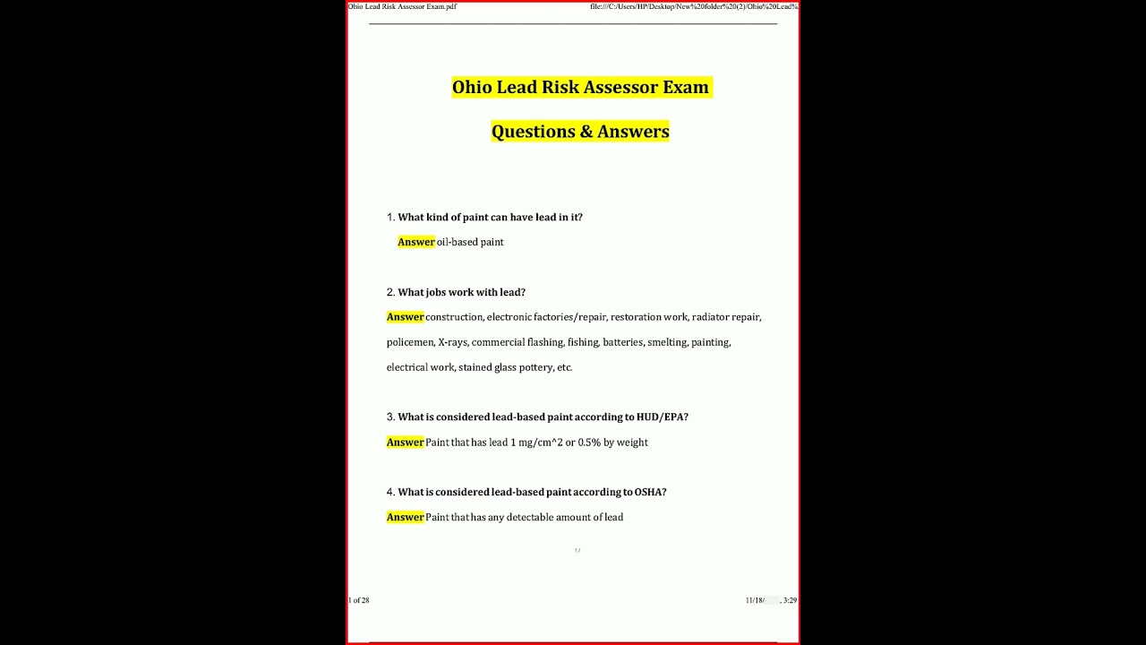 Ohio Lead Risk Assessor Exam Actual Questions And Verified A video