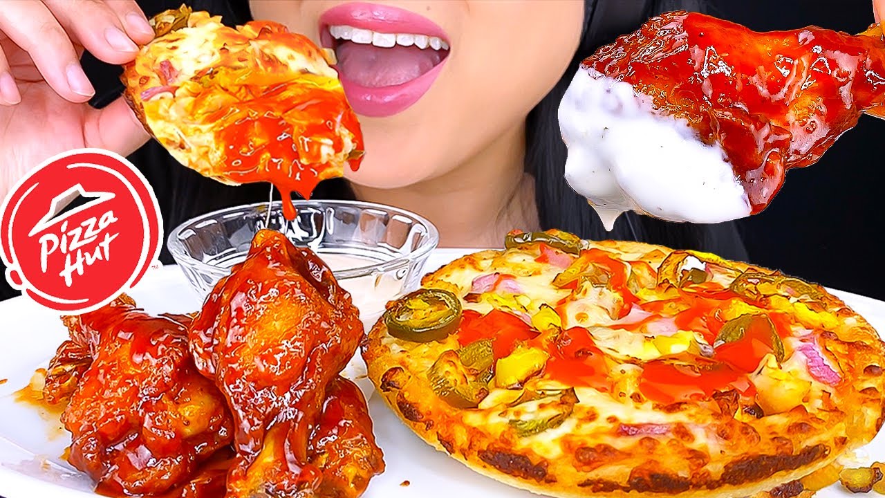 ASMR CHEESY BUFFALO CHICKEN PIZZA HONEY BBQ WINGS MUKBANG | EATING SHOW | EATING SOUNDS | ASMR Phan