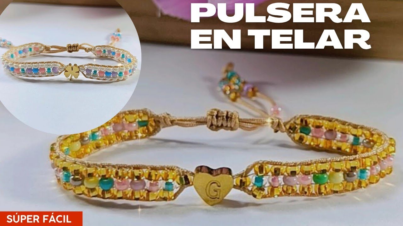 Cómo Hacer  PULSERA en TELAR con mostacillas y dije. Paso a paso.💕