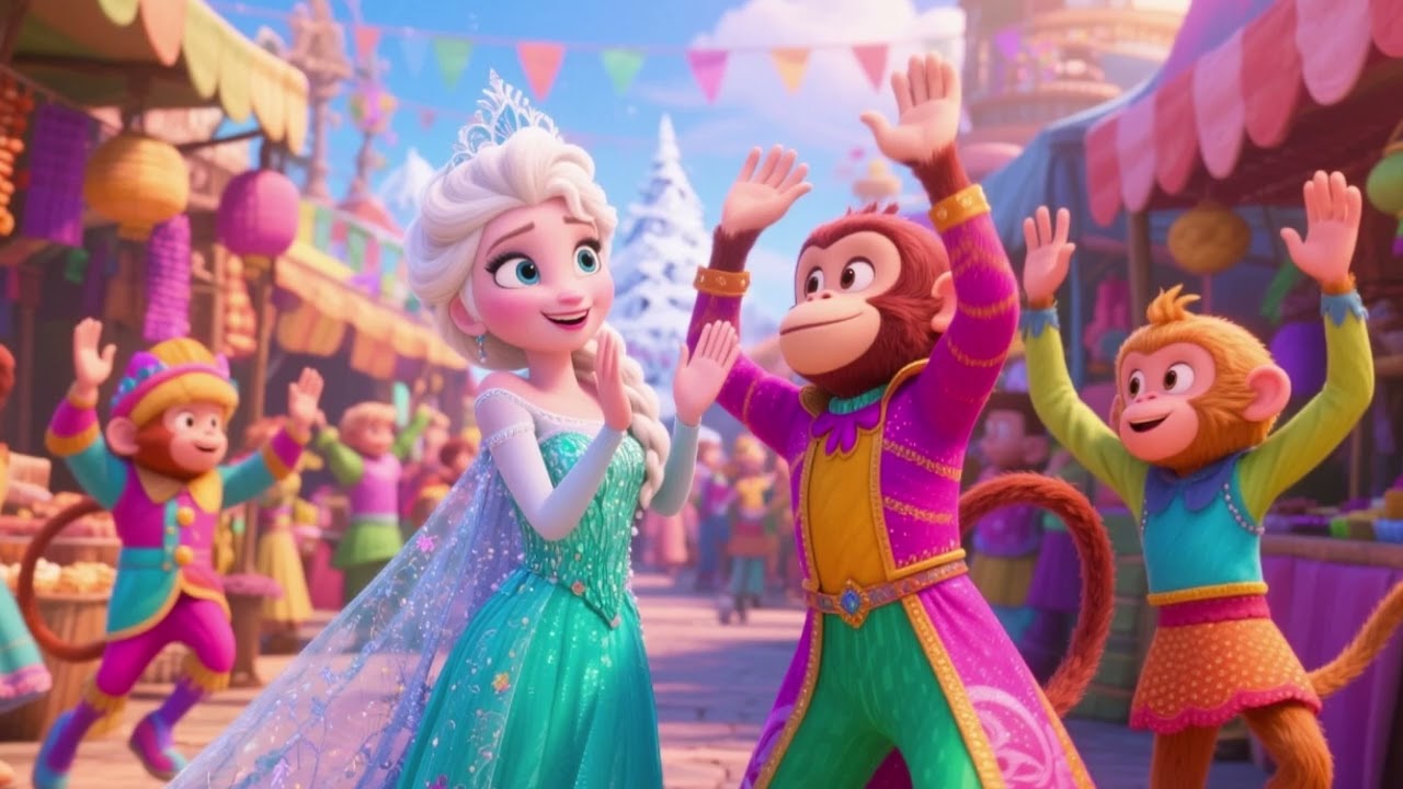 ❄️🐒🎶✨ ХЛОПАЙТЕ В ЛАДОШИ – Танец Эльзы и обезьяньего рынка, часть 2! 🎉🛍️