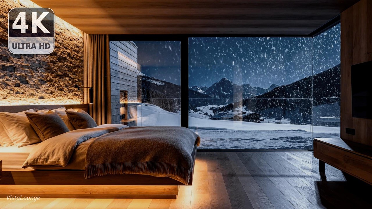 Snowfall Beyond the Glass at 2 A.M. | Warm Mountain Bedroom for Deep Sleep (3 Hours)