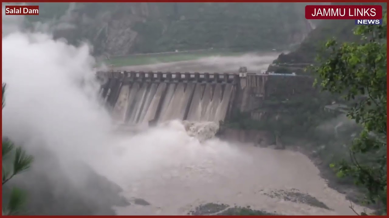 Gates of Salal Dam opened as water level in the Chenab river rises after heavy rainfall