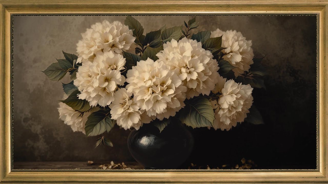 Ivory Hydrangeas in Bloom| Moody Spring Floral Art Escape| Elegant Vintage Flowers Art Frame TV