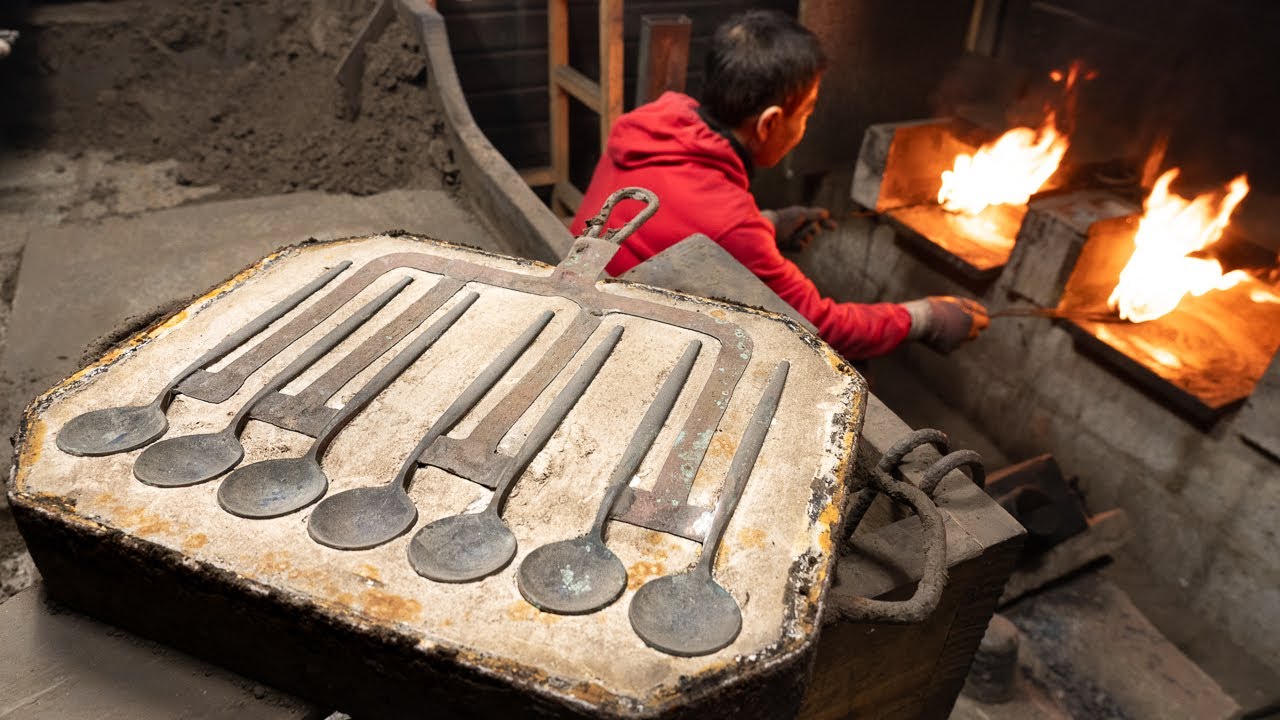Ancient Way of Making Spoons in Korea. Traditional Spoon Factory