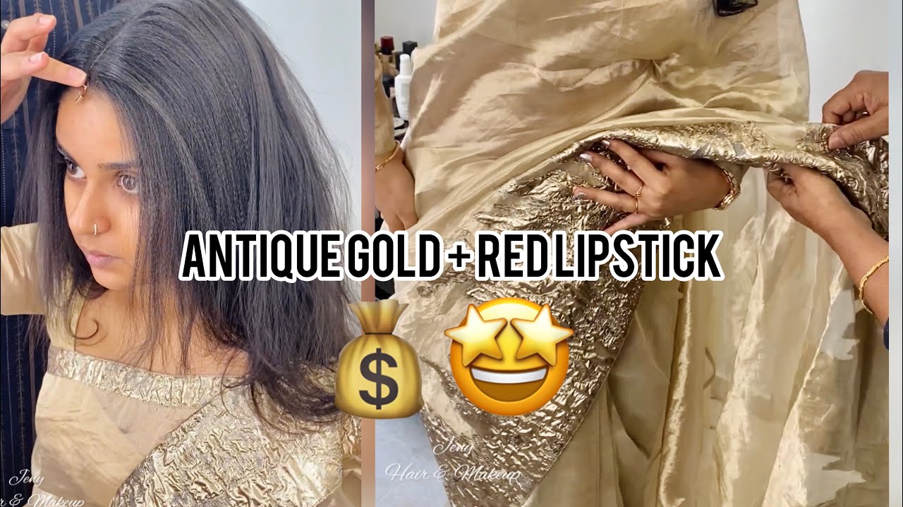 This is what happens when the bride wear antique gold saree with red lipstick