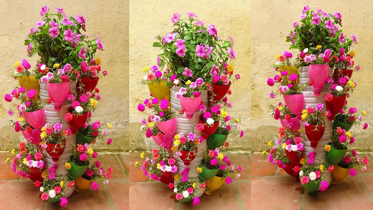 Make Beautiful Vectical Flower Pots From Plastic Bottles For Your Garden