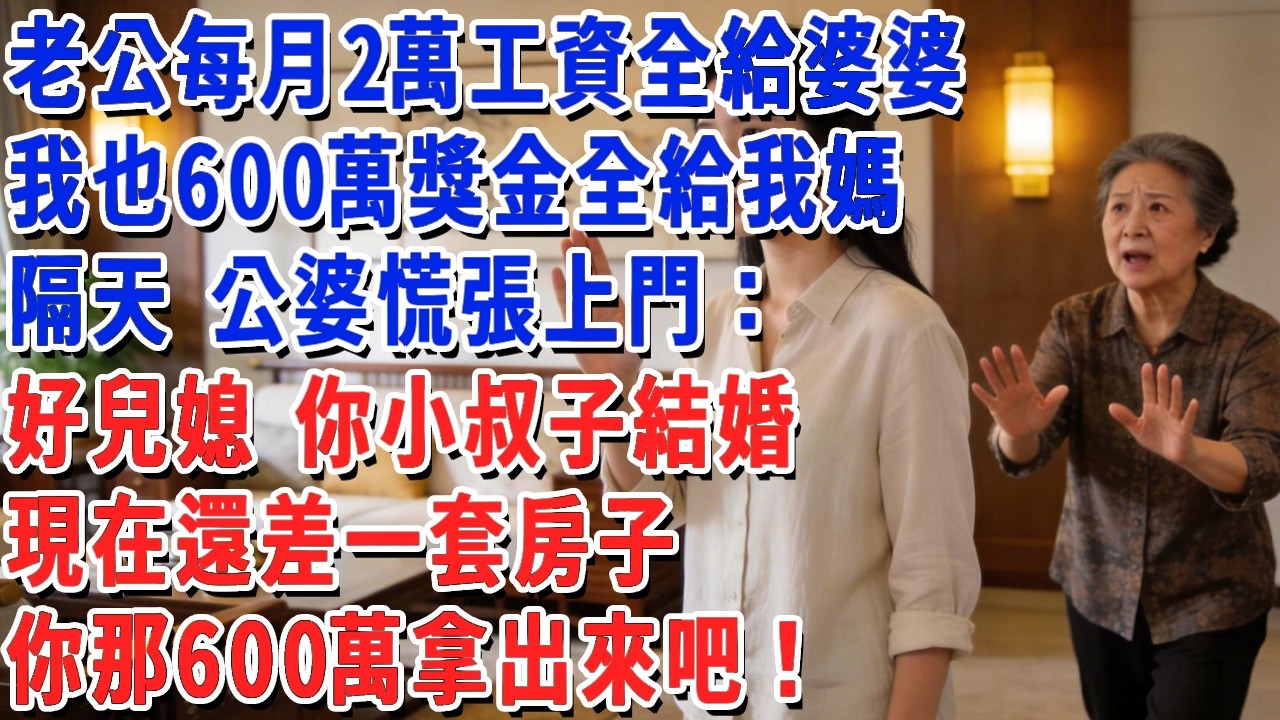 老公每月2萬工資全給婆婆，我也把600萬獎金全給我媽，隔天 公婆慌張上門：好兒媳 你小叔子結婚 現在還差一套房子，你那600萬拿出來吧！#小娟講故事 #情感故事 #老年生活