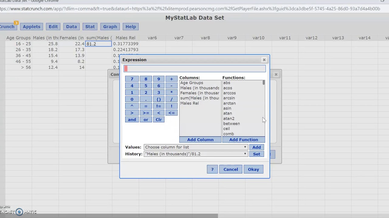 Calculating Relative Frequency and side by side Bar Plots w/ Statcrunch