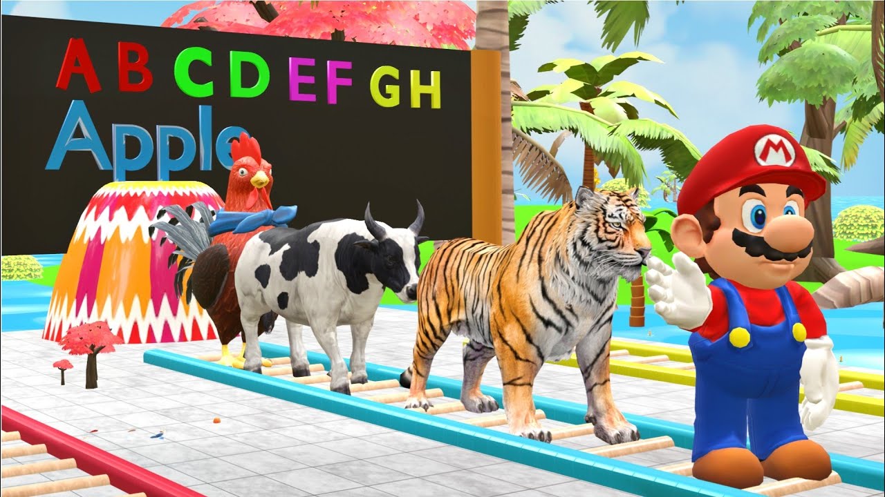 long Slide Game With Cow  Elephant  Lion Chicken Bull Daino - 3D Animal Game - Funny 3D Animals