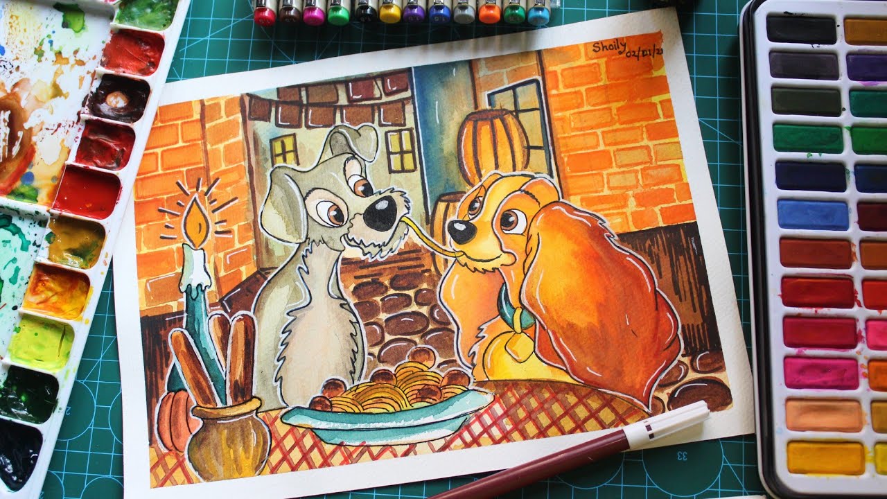 Day 7- Lady and the Tramp Painting | 7 days Disney Characters drawing challenge | Watercolor