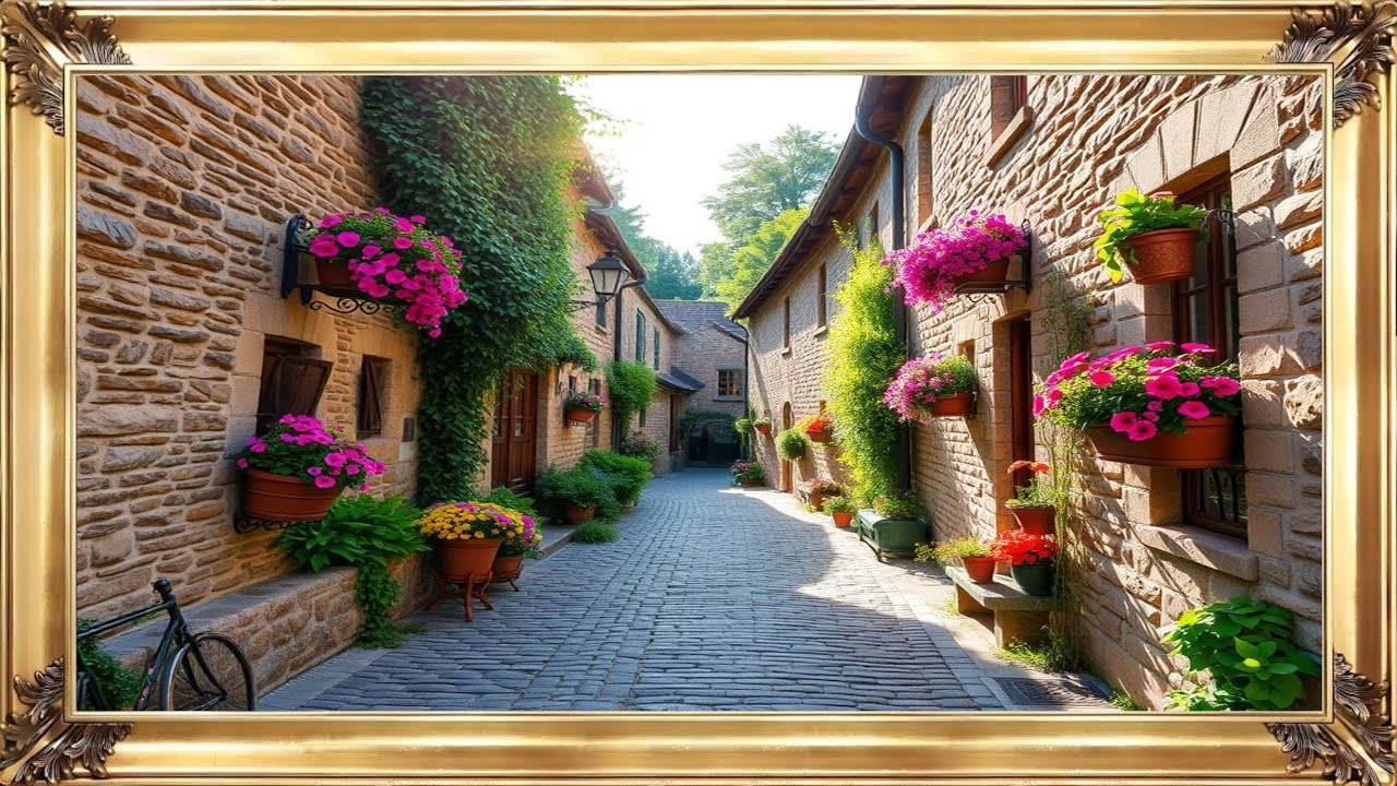 Framed Street Art 🔇 Cozy Flower Alleyway with Vintage Village Charm | Digital Artwork for TV & Decor