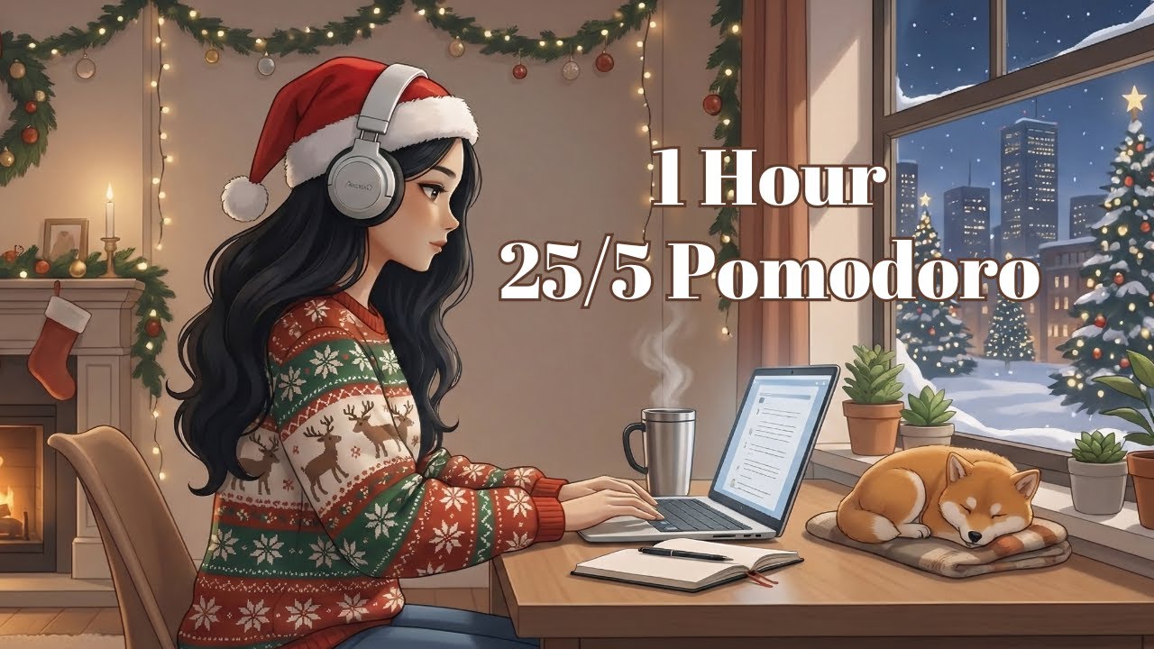 1-Hour Christmas Study With Me 🎄 25/5 Pomodoro, Fireplace Ambience & Lofi Music