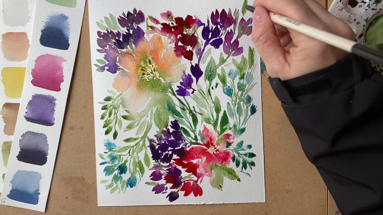 Spring Watercolour Floral - peach and purple