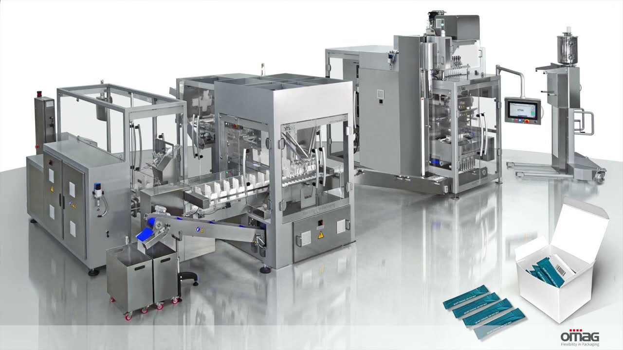 Omag complete packaging line for liquid and powdery products into stick-pack