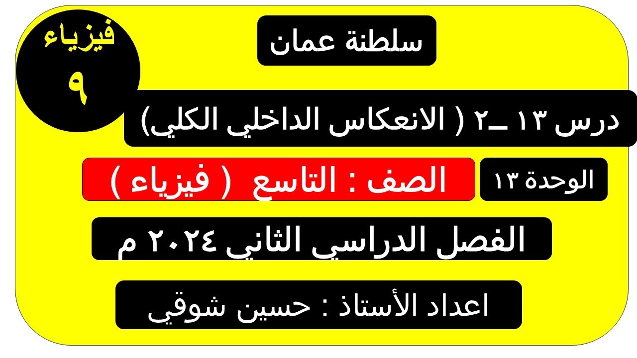 درس 13 ــ2  الانعكاس الداخلي الكلي   ( الصف التاسع ) فيزياء ـــ الفصل  الثاني ــ سلطنة عمان
