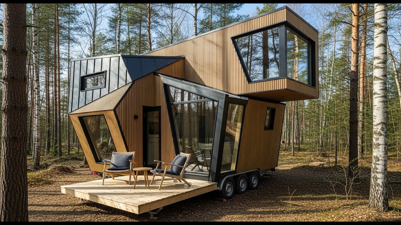 tiny house on wheels Expressing Pure Geometric Midcentury Aesthetics