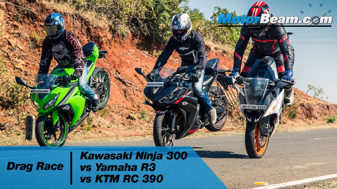 Kawasaki Ninja 300 vs Yamaha R3 vs KTM RC 390 - Drag Race | MotorBeam