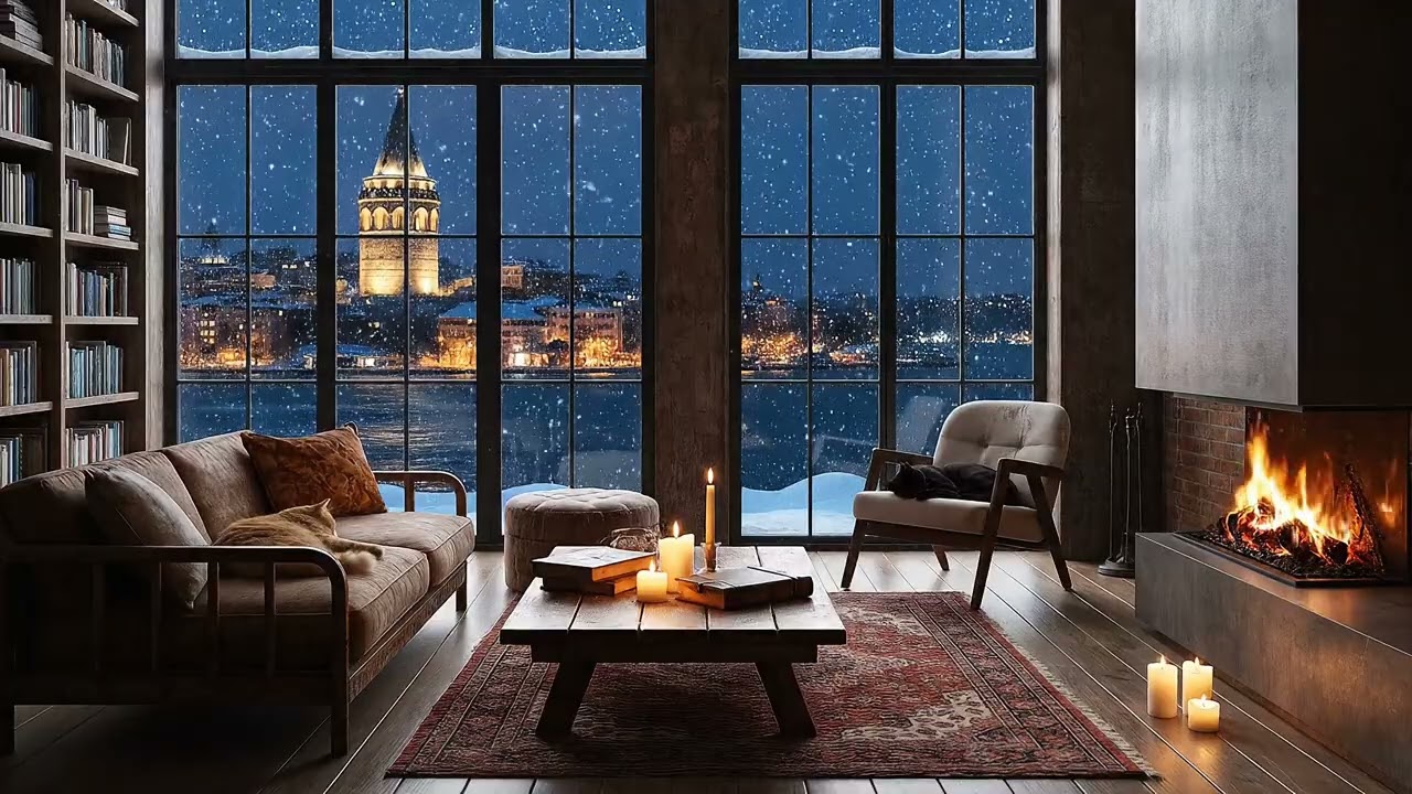 Cozy Istanbul Winter Evening ❄️ Fireplace & Snowfall Ambience for Relaxation & Focus