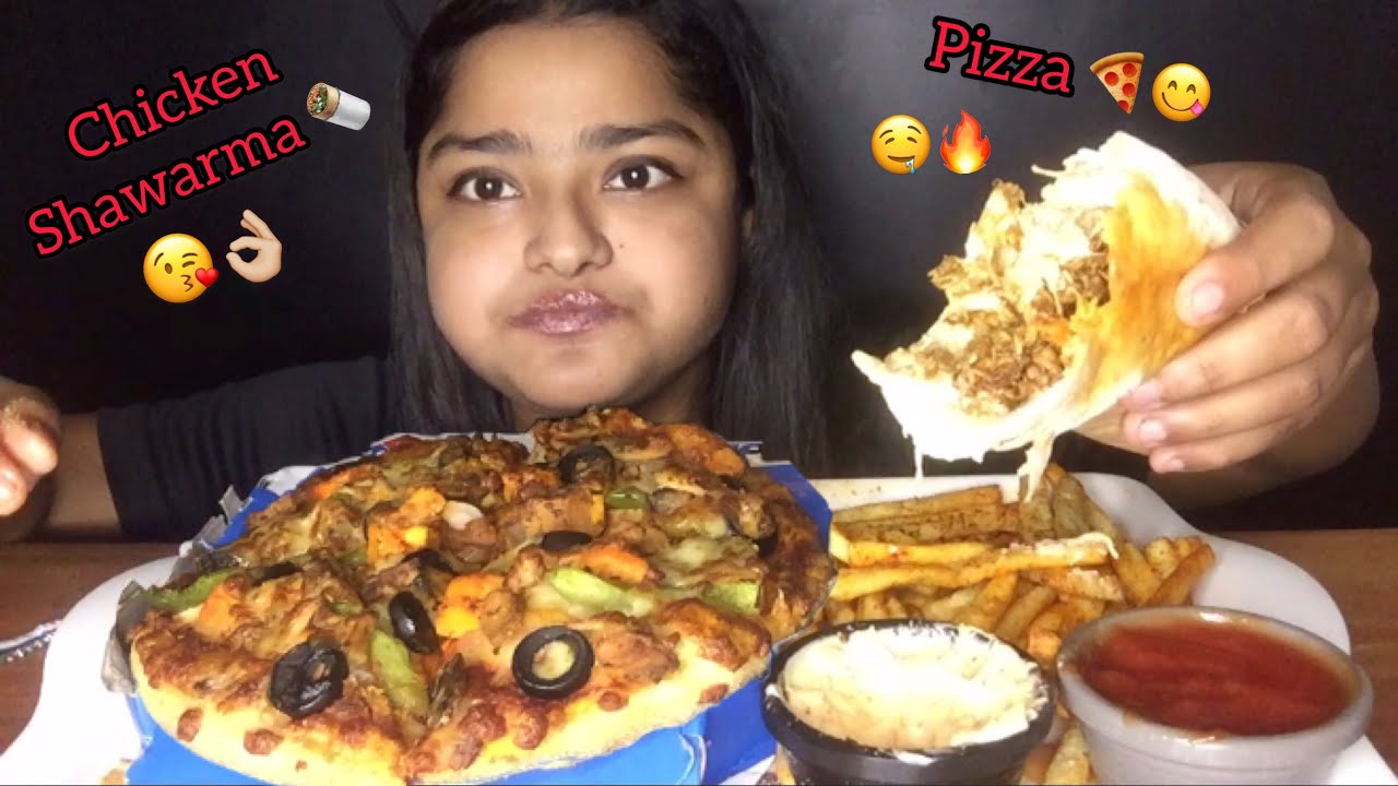 DOMINOS CHEESE PIZZA AND CHICKEN SHAWARMA WITH FRENCH FRIES | EATING SOUNDS | EATING SHOW | MUKBANG