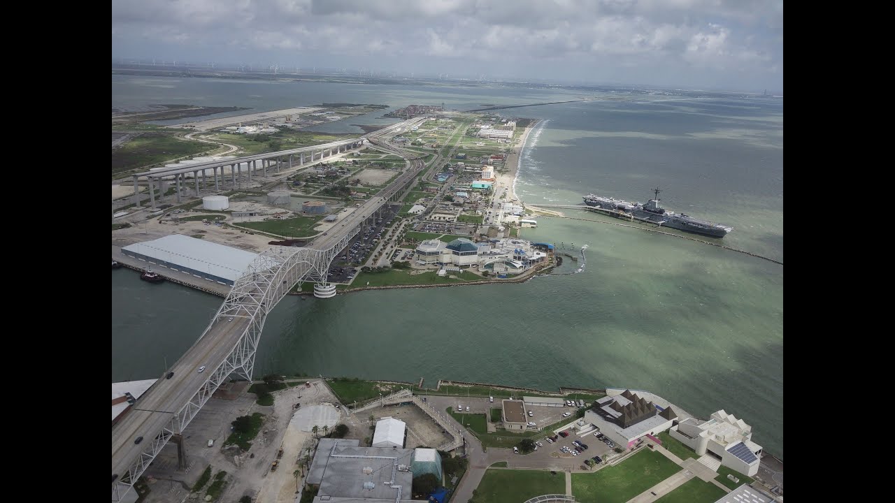 Over The Harbor Bridge And Whataburger Field In Corpus Christi Texas (4K Drone)