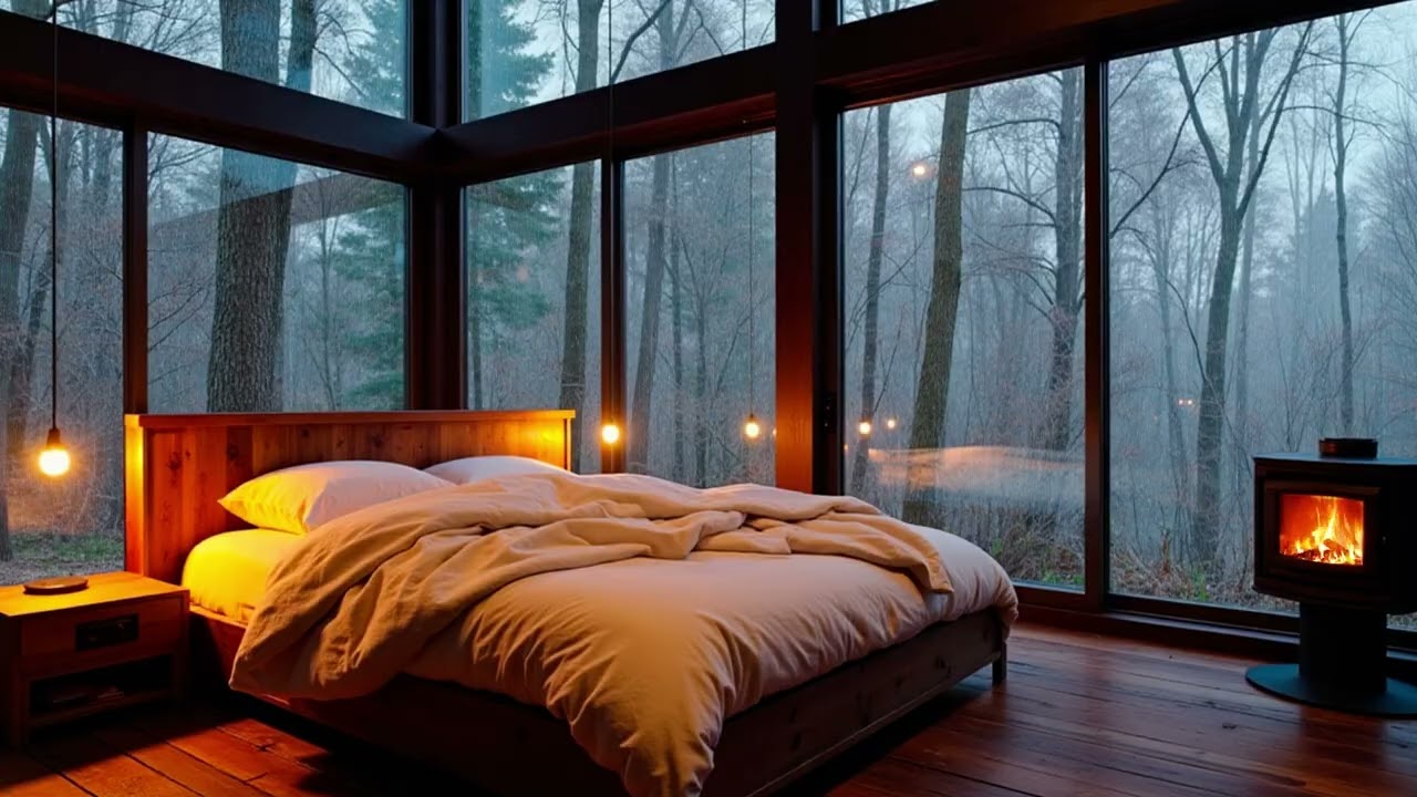 Misty Forest Rain Sounds Outside Cozy Glass Bedroom with Fireplace | Deep Sleep Ambience
