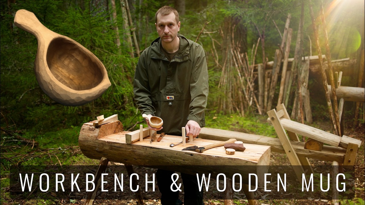 Workbench & Wooden Mug in the Forest only Hand Tools - Toasts on a fire and Ground coffee