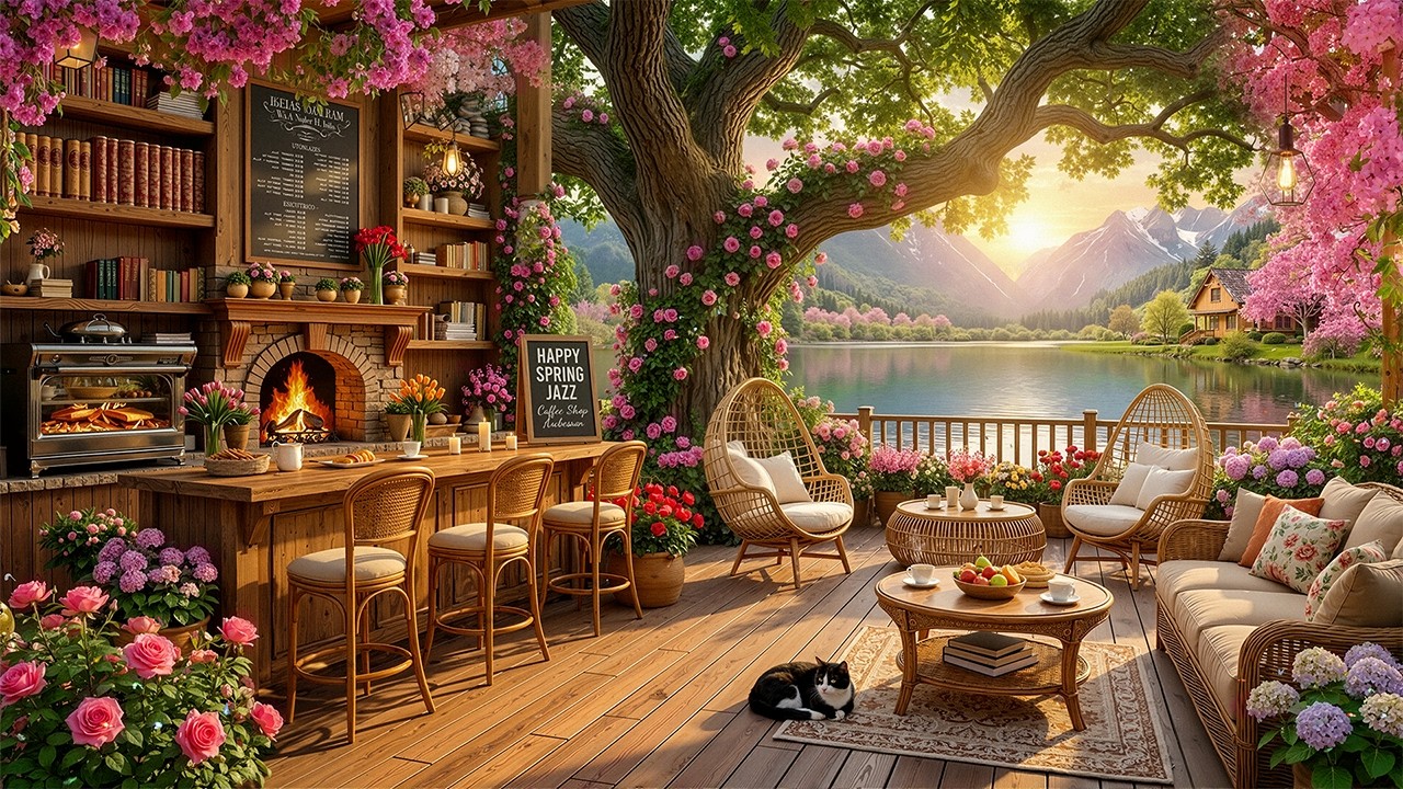 Smooth March Jazz In Lakeside | Sweet Spring Coffee Shop Ambience With Nature Therapy For Relaxing