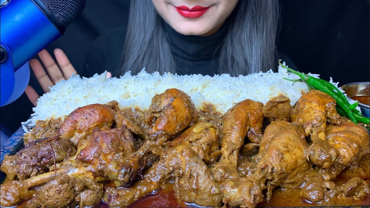 ASMR:EATING SPICY CHICKEN LEG CURRY+CHICKEN LIVER WITH BASMATI RICE(MUKBANG FOOD EATING)