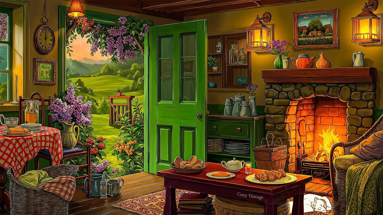 rainy day in a cozy countryside with 1950's oldies playing in another room (fireplace sounds)