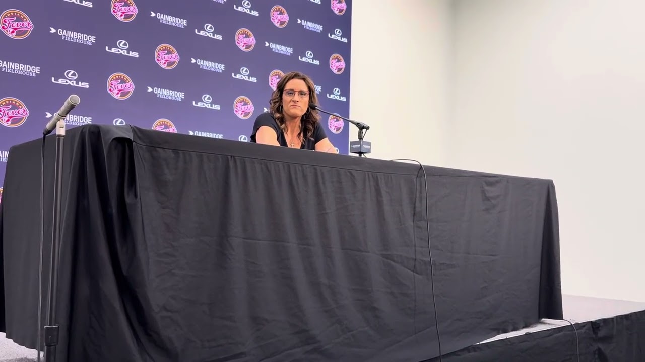 Indiana Fever head coach Stephanie White speaks with reporters before Fever vs Dallas Wings