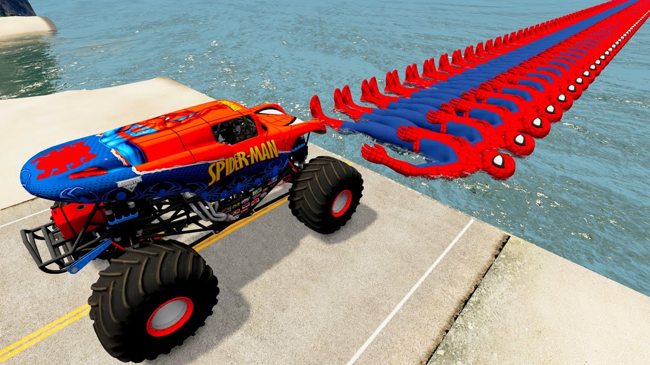 Spider Man Monster Truck Vs Spider-Man Bridge Rescue vs Deep Water